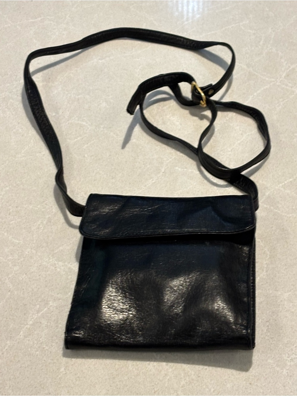 Vintage Black Leather Crossbody Travel Bag & Matching Double Zip Coin Purse Set